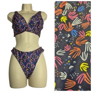 2/$25-Highrise Highcut Bikini in Jellyfish/"BirdFeet" Abstract Print Size Small